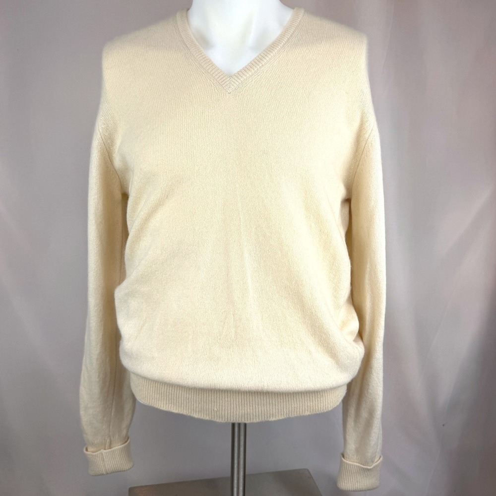 Vintage JAEGER Mens Cashmere|42|Cream V-Neck Sweater Scotland 80s Preppy Luxury